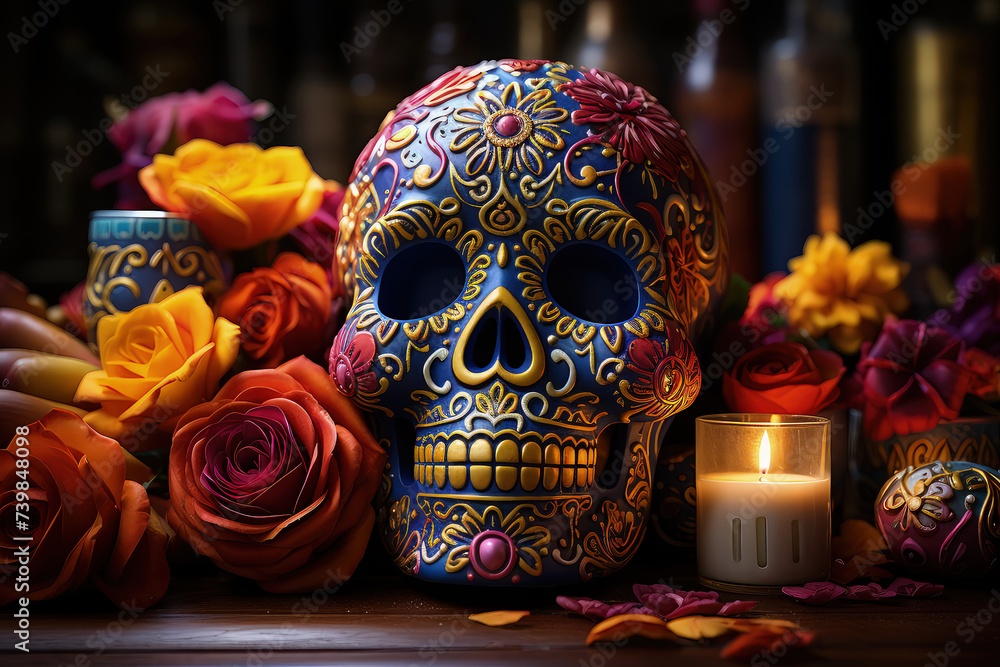Colorful skull sits next to a burning candle, creating a vibrant and eerie atmosphere
