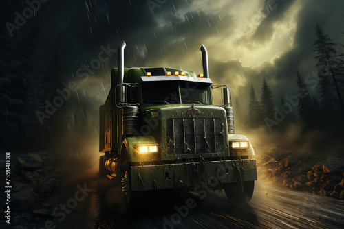 Green semi truck is seen driving through a dense forest, surrounded by tall trees and lush greenery