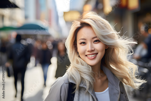 Blond smiling Asian woman in city street