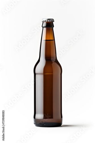 Brown beer bottle sits on top of clean white table  creating simple and minimalistic composition