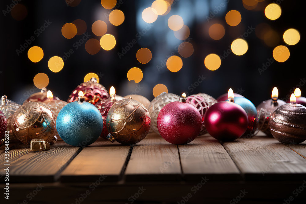 Fototapeta premium Variety of Christmas ornaments are displayed on wooden table, including balls, stars and bells. Colorful decorations are ready to be hung on tree