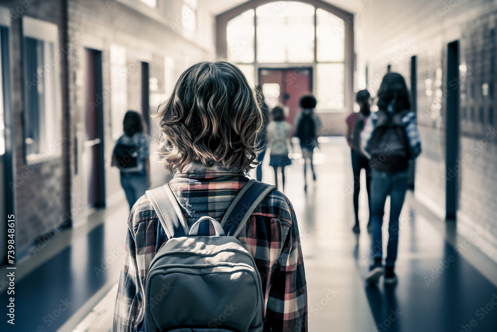 Bullying at school. Sad child in corridor. Upset kid with stress. - obrazy, fototapety, plakaty 