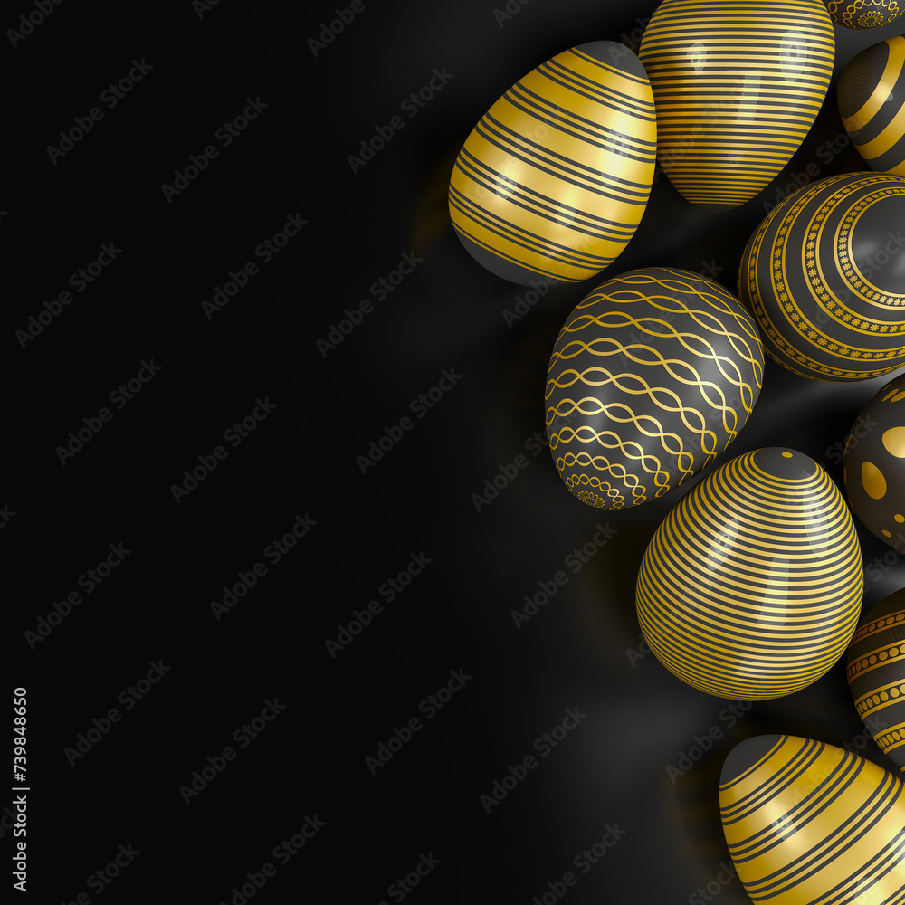 Fototapeta premium 3d render of black and gold easter eggs on dark background.