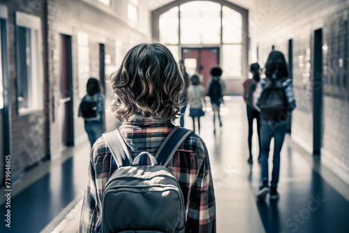 Bullying at school. Sad child in corridor. Upset kid with stress. photo