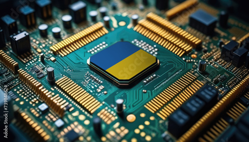 Ukraine flag on a processor, CPU or microchip on a motherboard. Concept for the battle of global microchips production.