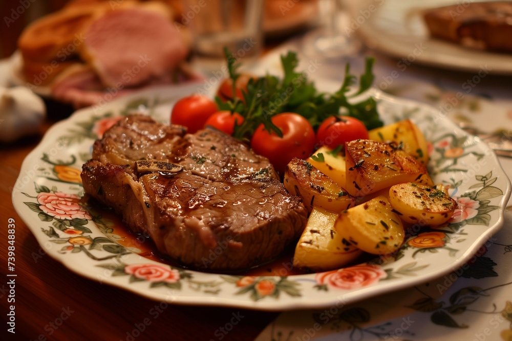 Plated dinner of steak, potatoes, and vegetables