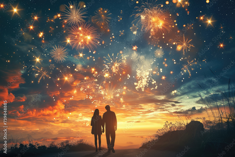 Couple Enjoying a Romantic Fireworks Display at Sunset