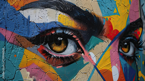 This striking piece of street art captures the intense gaze of painted eyes, set against a colorful graffiti backdrop, showcasing urban creativity and expression. 