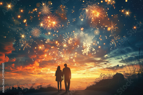 Couple Enjoying a Romantic Fireworks Display at Sunset © KirKam