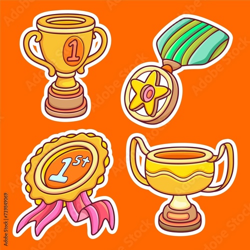 Trophy And Winning Cup Sticker Icons Hand Drawn Coloring Vector 6