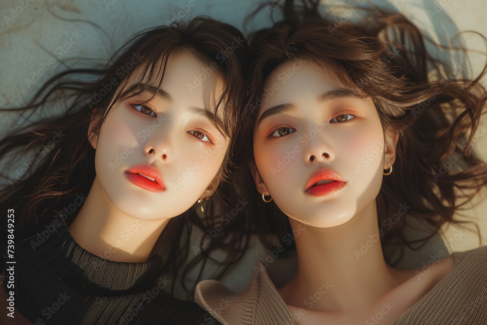 two asian women, laying on bed, detailed realistic portrait two asian women, laying on bed, detailed realistic portrait