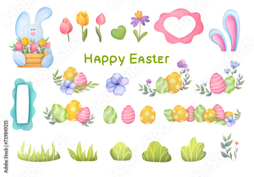 Hand painting Watercolor illustration set of colorful Easter eggs, spring Paschal elements, flowers, branches isolated on transparent background. cute borders stickers pack 