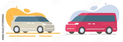 Van minivan car flat icon vector graphic illustration set, small minibus red yellow white color side front 3d view, cartoon minimus vehicle family wagon auto image clipart modern simple design photo