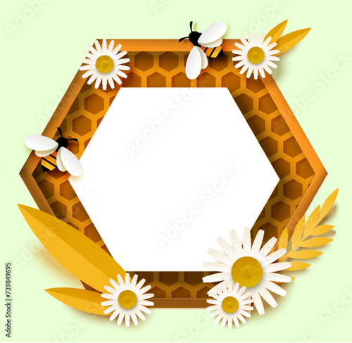 Honey background with hexagon shape honeycomb, bees and daisy flowers