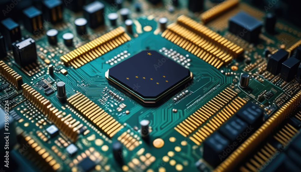 Alaska flag on a processor, CPU or microchip on a motherboard. Concept for the battle of global microchips production. Alaska flag on a processor, CPU or microchip on a motherboard. Concept for the battle of global microchips production.