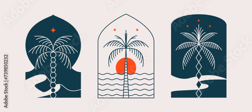 Palm tree arch frame thin line icon abstract design summer logo template modern minimal linear emblem for vacations rentals and travel services. Vector illustration
