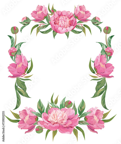 Fototapeta Naklejka Na Ścianę i Meble -  Framework with pink peonies and botanical elements isolated on white background