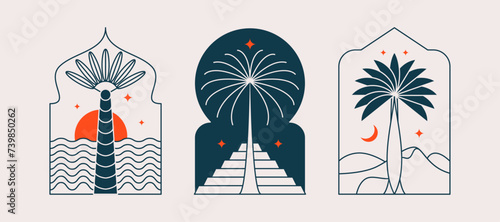Palm tree arch frame thin line icon abstract design summer logo template modern minimal linear emblem for vacations rentals and travel services. Vector illustration
