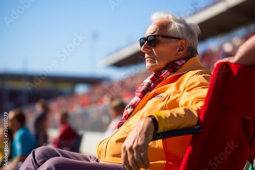 An Old man watching race competition in the circuit