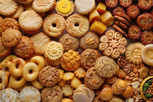 Assorted cookies and sweets flat lay. Variety of biscuits and candies close-up