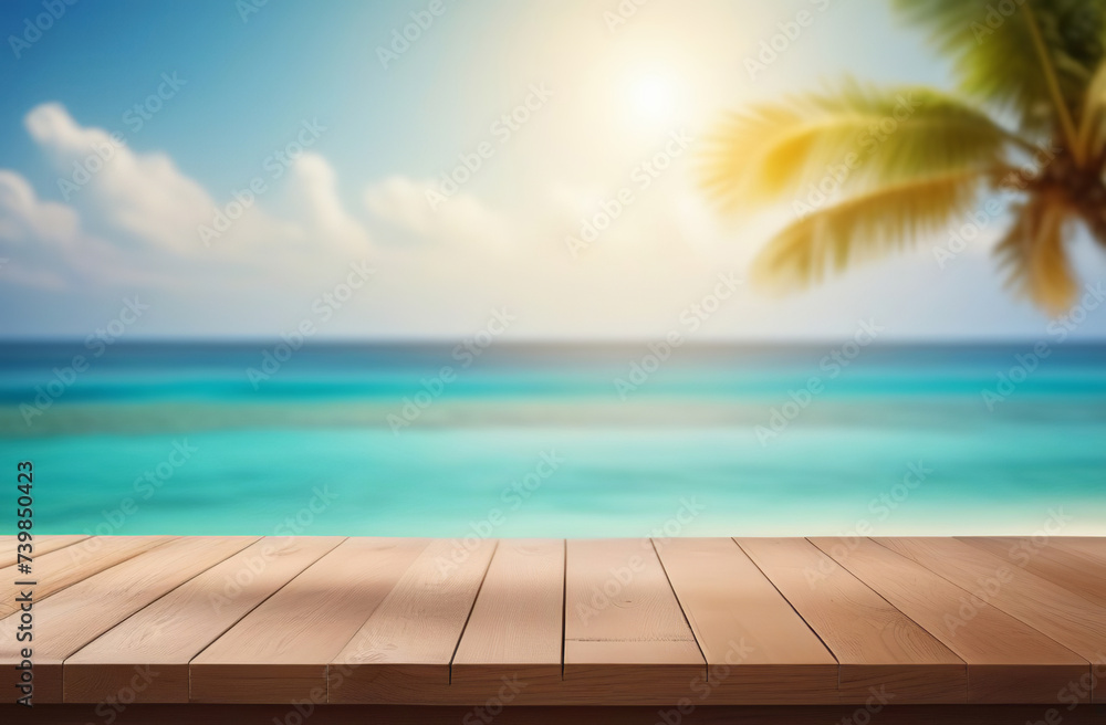 Empty wooden table, bar pier with tropical sunny beach background. Copy space for your promo, text or logo brand. Wood desk board on nature blue sky sea view. Blank tabletop on blur summer ocean scene - obrazy, fototapety, plakaty 