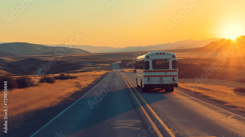 A bus traveling along a highway in the countryside at sunset. Concept of transport, travel by bus. Adventure.