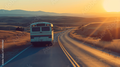 A bus traveling along a highway in the countryside at sunset. Concept of transport, travel by bus. Adventure.