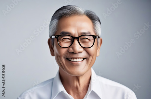 Smiling confident stylish mature middle aged man. Portrait of happy older male on gray background. Banner design with copy space. Close up charming asian old men in glasses. Elderly business people