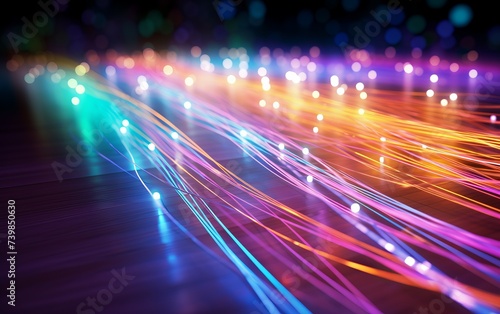 Fiber optic cables that glow with multicolored lights to symbolize data transfer speeds