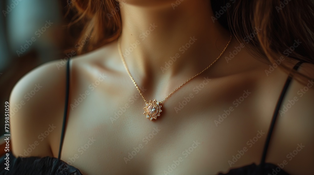 beauty, people and jewelry concept - beautiful young woman wearing shiny diamond pendant beauty, people and jewelry concept - beautiful young woman wearing shiny diamond pendant