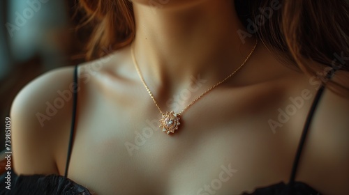 beauty, people and jewelry concept - beautiful young woman wearing shiny diamond pendant