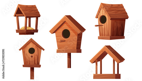 Set wooden bird feeder and bird house with roof, hole and seeds isolated on white background. Hanging construction, bird care.