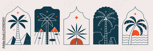 Palm tree arch frame thin line icon abstract design summer logo template modern minimal linear emblem for vacations rentals and travel services. Vector illustration

