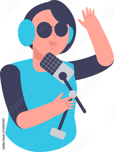 Male podcast host character with headphones and microphone interviewing guest stars on world radio day