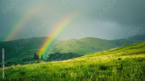 Double rainbow over green rolling hills and meadow.