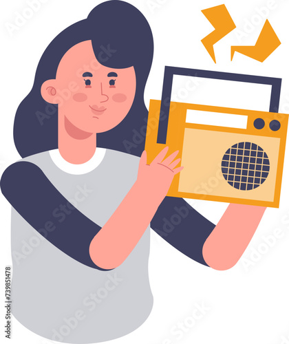 Woman character listening to dj disc jockey on boombox radio retro groovy cartoon