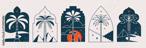 Palm tree arch frame thin line icon abstract design summer logo template modern minimal linear emblem for vacations rentals and travel services. Vector illustration 