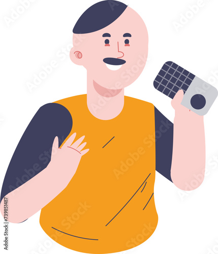 Male guest star character with a microphone at the podcast on world radio day