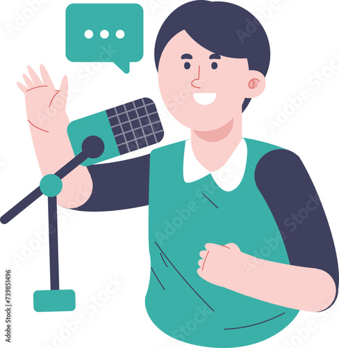Male character live streaming podcast with retro microphone mic on world radio day