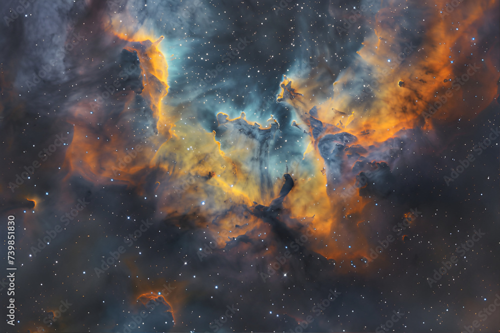A dazzling nebula, lit in vibrant hues and captured with a wide-angle lens to reveal intricate patterns and textures. - obrazy, fototapety, plakaty 