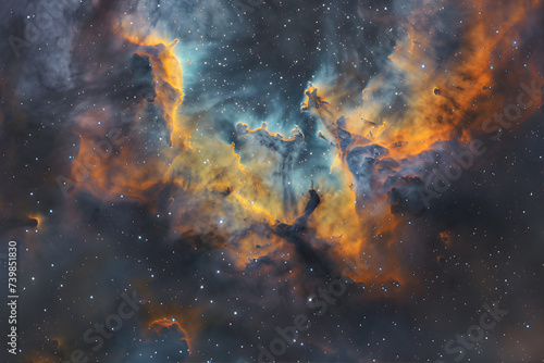 A dazzling nebula, lit in vibrant hues and captured with a wide-angle lens to reveal intricate patterns and textures.