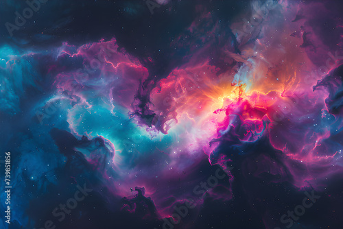 A dazzling nebula, lit in vibrant hues and captured with a wide-angle lens to reveal intricate patterns and textures.