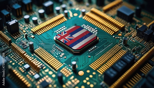 Hawaii flag on a processor, CPU or microchip on a motherboard. Concept for the battle of global microchips production.