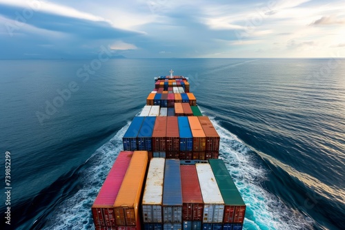 A loaded container cargo ship is seen in the front as it speeds over the ocean