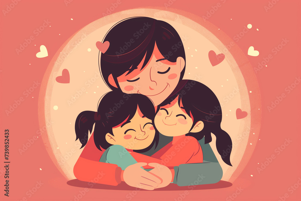 Mother hugs her two children, flowers on background, simple flat design illustration, Floral Mother's Day Illustration Mother hugs her two children, flowers on background, simple flat design illustration, Floral Mother's Day Illustration