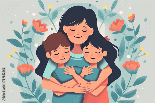 Mother hugs her two children  flowers on background  simple flat design illustration  Floral Mother s Day Illustration