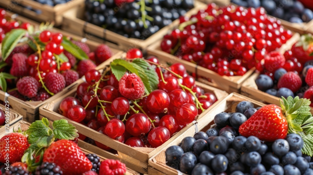 Assorted fresh berries in wooden crates including strawberries, blackberries Assorted fresh berries in wooden crates including strawberries, blackberries
