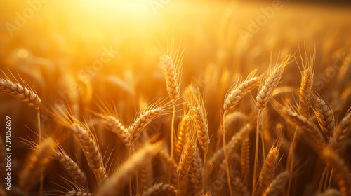 Close-up of golden ears of wheat in an agricultural field at sunset. Rich harvest concept.