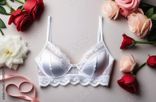 White lacy lingerie on white background. Sexy bra, panties flat lay, top view. Horizontal banner with copy space for text. No people. Fashion lingerie set, essential accessory and stylish underwear.