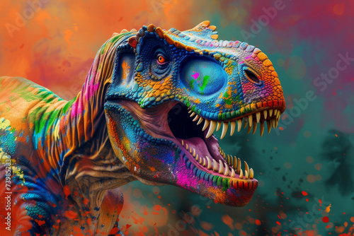 Bright multi-colored dinosaur tyrannosaurus. Rainbow colors on a bright multicolored background. Banner with place for text. Beautiful postcard and advertisement. Funny animals © Nataliia_Trushchenko